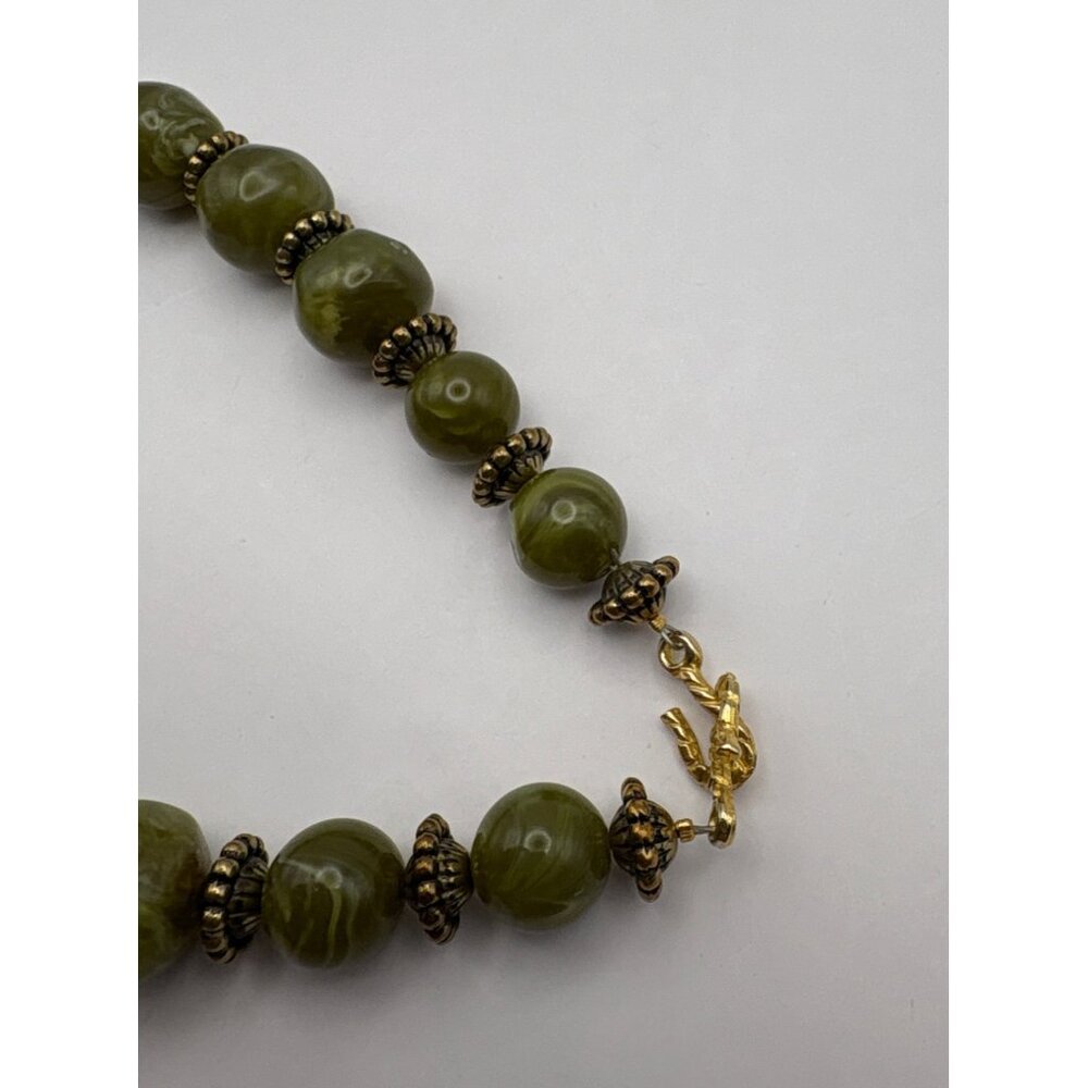 Chunky Olive Green Swirled Bead Necklace with Gold Tone Accents Bold Statement - Picture 2 of 7